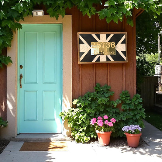 Custom House Number Sign – Wood Text on Gold Acrylic | Laser Cut Address Plaque with Geometric Wood Frame