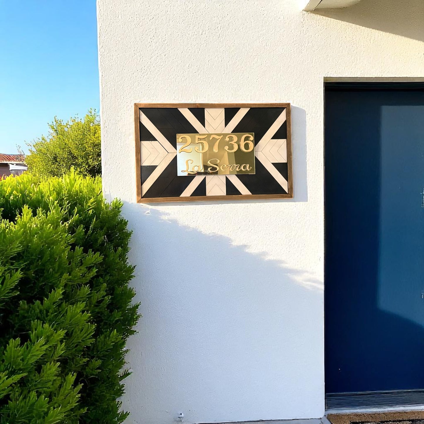 Custom House Number Sign – Wood Text on Gold Acrylic | Laser Cut Address Plaque with Geometric Wood Frame