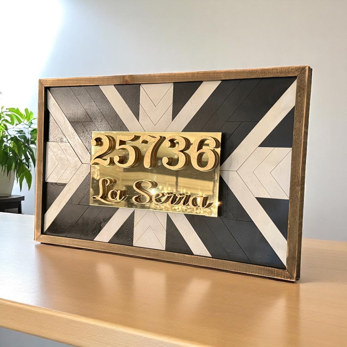 Custom House Number Sign – Wood Text on Gold Acrylic | Laser Cut Address Plaque with Geometric Wood Frame