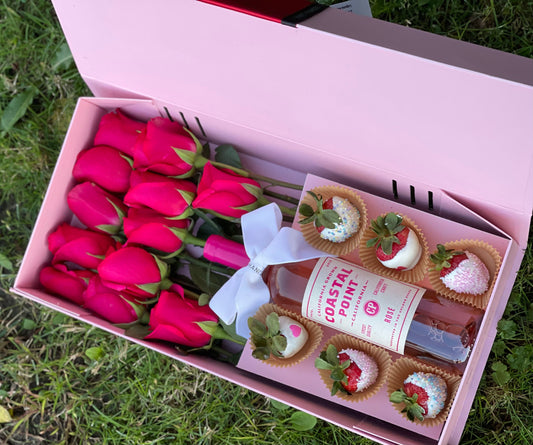 Gift Set -Dozen Hot Pink Roses With 6 Chocolate Strawberries And Champagne - 019