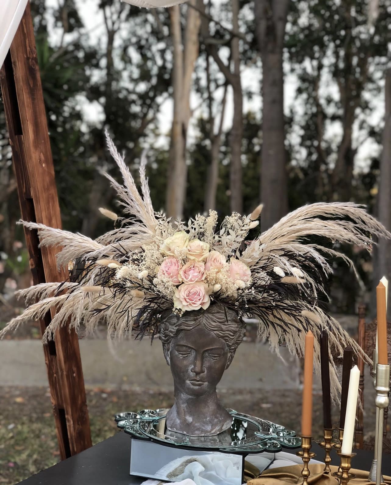 Mix Roses With Pampas grass And Unique Face Vase - 032
